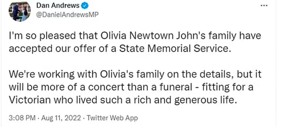 Screenshot of Dan Andrews' tweet where he writes Olivia Newtown John