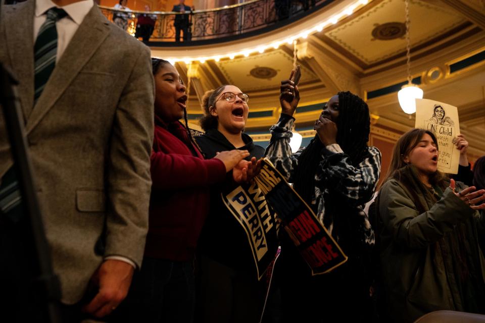 Nearly 300 high school students gather at the state capitol to call for gun legislation after a shooting at Perry High School Monday, Jan. 8, 2024, in Des Moines.