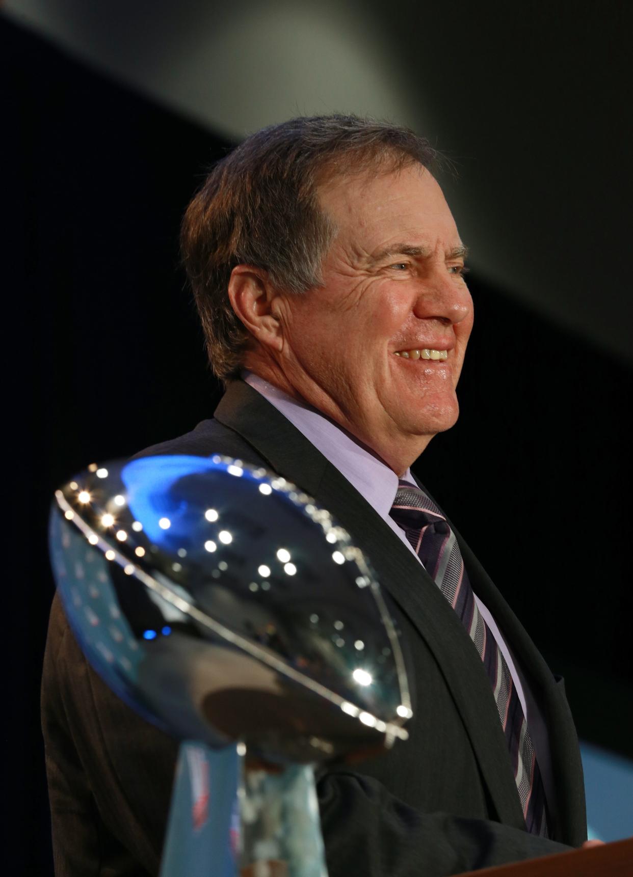 Then-Patriots coach Bill Belichick with the Vince Lombardi Trophy after winning Super Bowl LI in Houston in 2017.