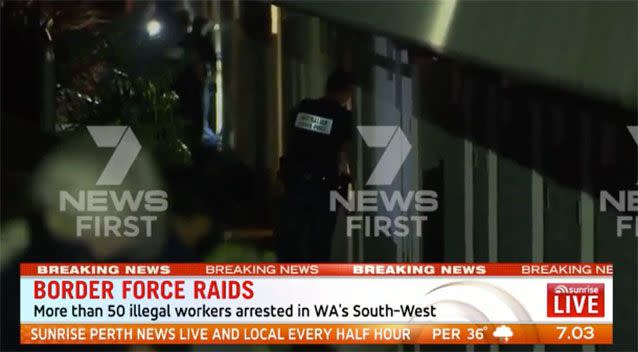 Search warrants were issued in Pemberton at 3am Wednesday, catching the startled workers in their beds. Picture: 7 News