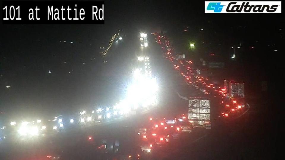 A Caltrans traffic camera at Mattie Road in Pismo Beach shows traffic at a dead stop on northbound Highway 101 due to a big rig fire.