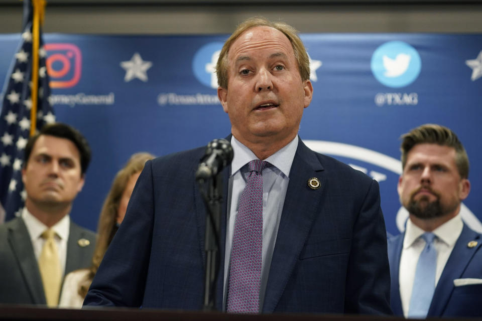 Texas state Attorney General Ken Paxton makes a statement at his office in Austin, Texas, Friday, May 26, 2023.  / Credit: Eric Gay / AP