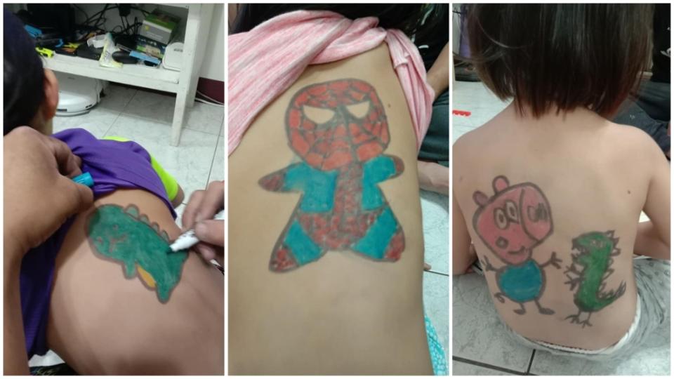 1名女網友分享，自己的老公日前在家裡照顧3個孩子時，竟然拿她們的背作畫。(圖／翻攝自爆怨公社)