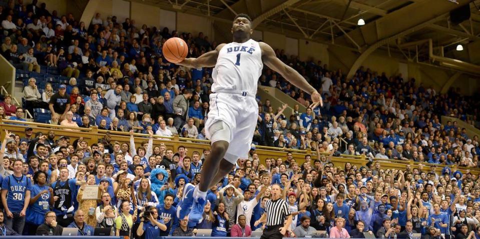 The crowd is mesmerized as Duke forward Zion Williamson (1) goes in for a thunderous dunk in the second half of play. Duke defeated Eastern Michigan 84-46 at Cameron Indoor Stadium In Durham, N.C. Wednesday, Nov. 14, 2018.