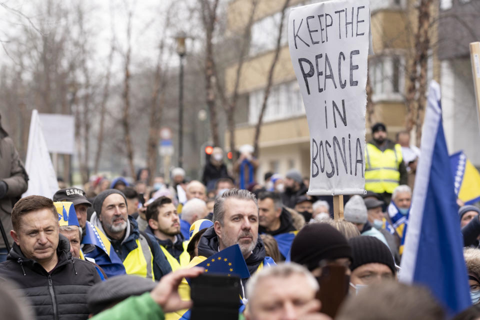 Members of the Bosnia and Herzegovina diaspora organized protests around the world on January 10, 2022, like this one in Brussels, Belgium, calling for the 1995 peace agreement that ended the war in the country to be upheld. / Credit: Thierry Monasse/Getty