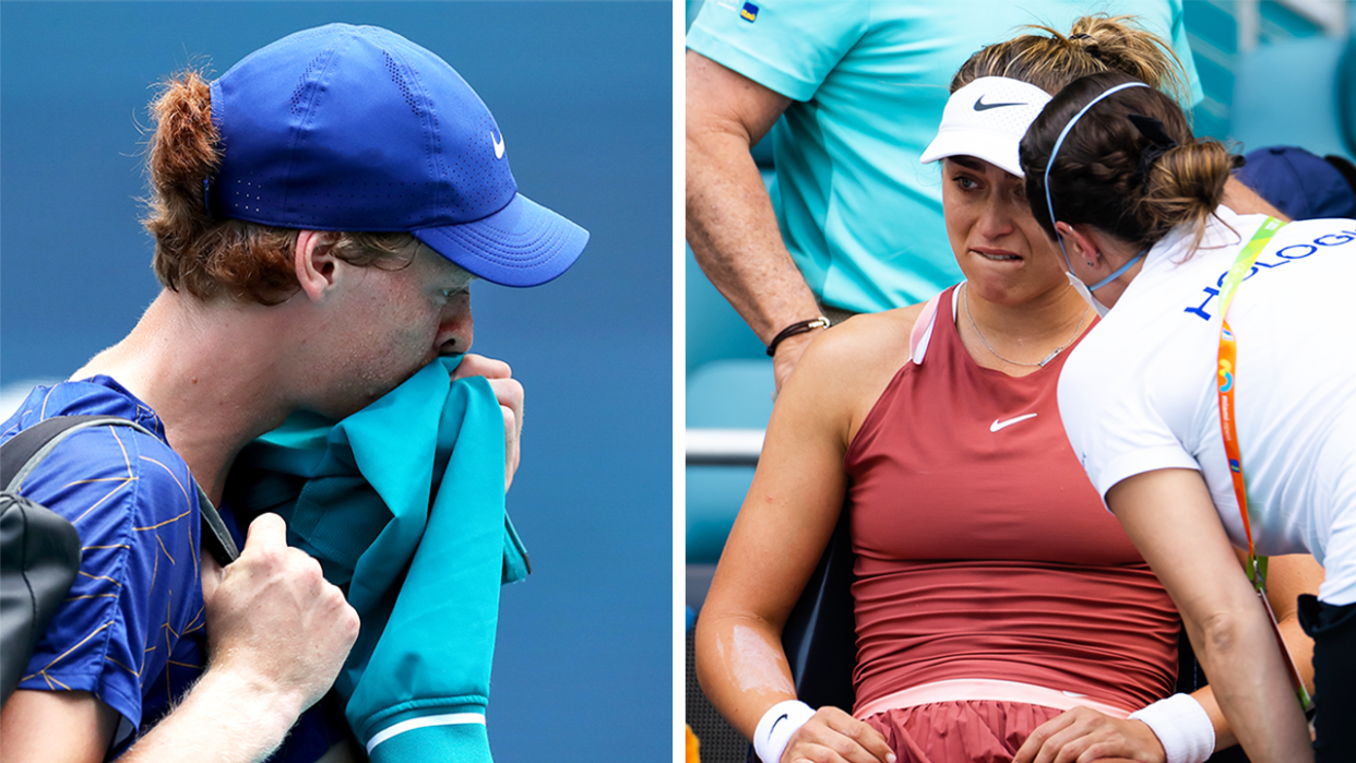 Tennis stars Spaniard Paula Badosa (pictured right) speaking to officials in discomfort and (pictured left) Jannik Sinner walking off after retiring.