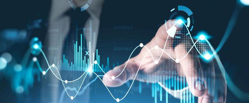 Office man finger touch hud, virtual screen with stock market changes, business candlesticks graph chart. Double exposure of blue and white lines, growing numbers, online trading