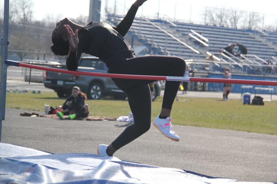 Woodward-Granger's Alaysia McCord competes in the high sjump during the Jayette Relays on Thursday, March 28, 2024, in Perry.