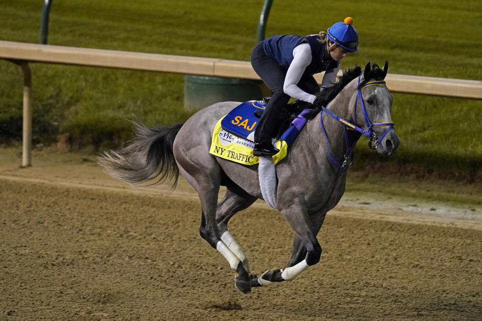 Kentucky Derby entry NY Traffic runs during an early-morning workout at Churchill Downs, Friday, Sept. 4, 2020, in Louisville, Ky. The Kentucky Derby is scheduled for Saturday, Sept. 5th. (AP Photo/Charlie Riedel)