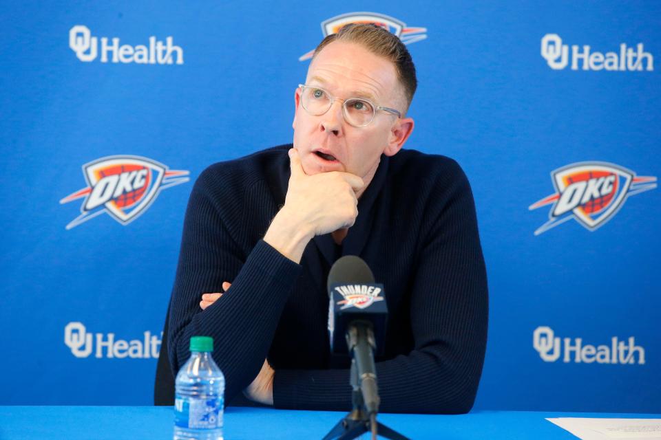 Thunder Executive Vice President and General Manager Sam Presti speaks during a press conference in Oklahoma City, Monday, April 18, 2022. 