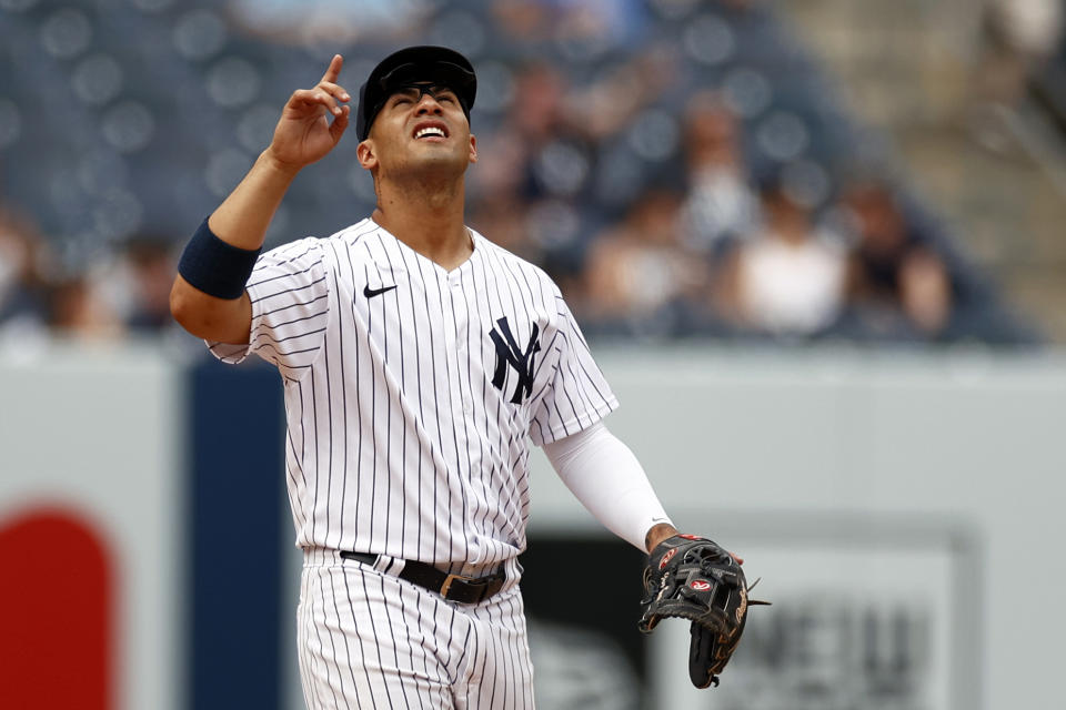 New York Yankees shortstop Gleyber Torres celebrates after defeating the Chicago White Sox in a baseball game on Saturday, May 22, 2021, in New York. The Yankees won 7-0. (AP Photo/Adam Hunger)