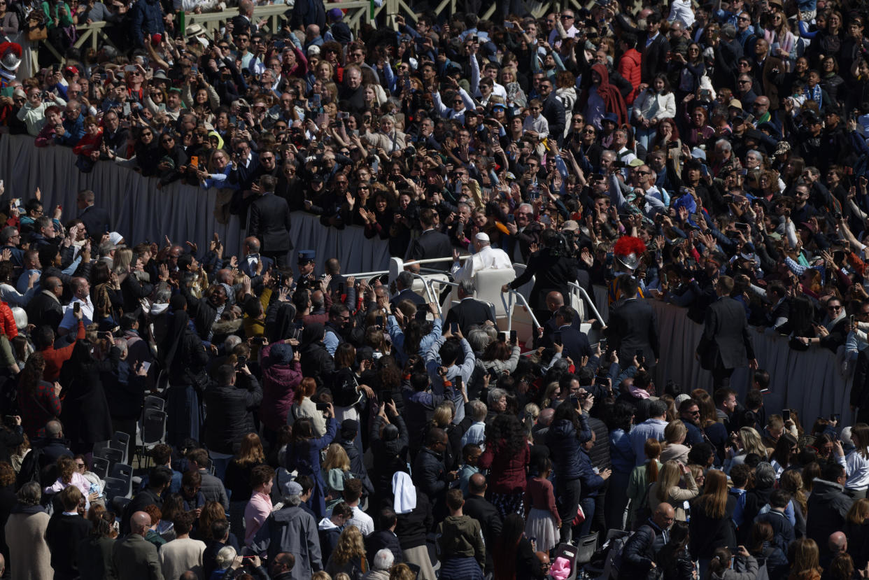 Pope Francis waves from the popemobile car as he makes a tour of St. Peter's square following the Easter Sunday mass on April 9, 2023 in The Vatican. (Photo by Massimo Valicchia/NurPhoto via Getty Images)