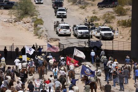 Protesters gather at the Bureau of Land Management's base camp, where cattle that were seized from rancher Cliven Bundy are being held, near Bunkerville, Nevada April 12, 2014. REUTERS/Jim Urquhart