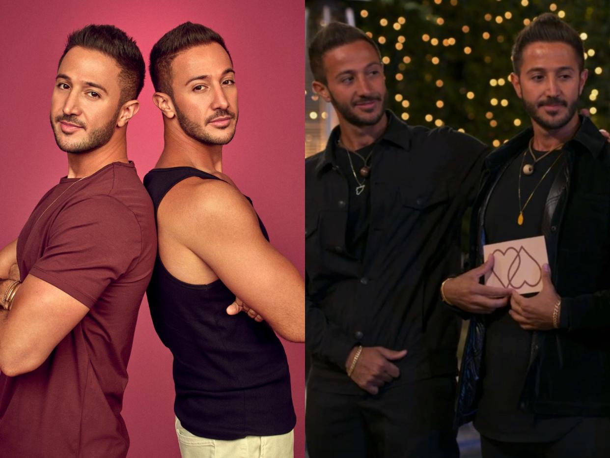 left: samer and samir akel in promotional art for twin love, standing back to back with their arms crossed; right: samer and samir standing together on the show, both wearing black jackets