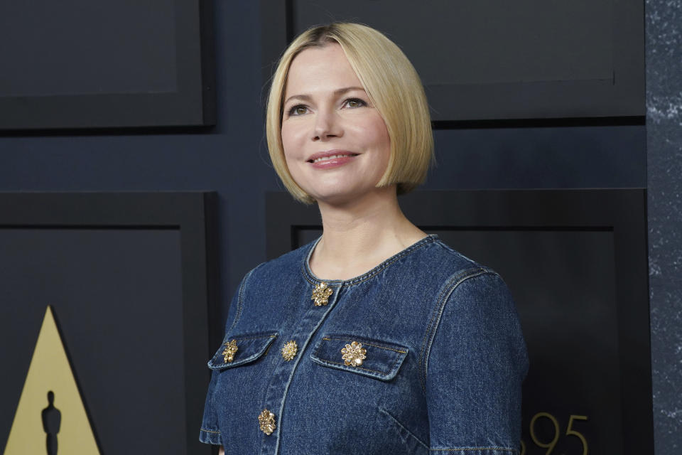 Michelle Williams arrives at the 95th Academy Awards Nominees Luncheon on Monday, Feb. 13, 2023, at the Beverly Hilton Hotel in Beverly Hills, Calif. (Photo by Jordan Strauss/Invision/AP)