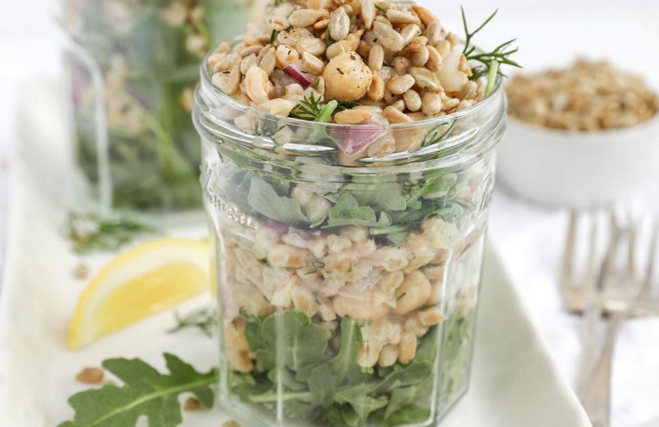 <p>Not only is this recipe for farro and chickpea salad delicious, it’s also aesthetically pleasing. Served in mason jars with layered ingredients, this salad dish is packed with <a href="https://www.thedailymeal.com/healthy-eating/eat-these-foods-every-day?referrer=yahoo&category=beauty_food&include_utm=1&utm_medium=referral&utm_source=yahoo&utm_campaign=feed" rel="nofollow noopener" target="_blank" data-ylk="slk:foods you should eat every day;elm:context_link;itc:0;sec:content-canvas" class="link ">foods you should eat every day</a>.</p> <p><a href="https://www.thedailymeal.com/best-recipes/layered-farro-chickpea-salad?referrer=yahoo&category=beauty_food&include_utm=1&utm_medium=referral&utm_source=yahoo&utm_campaign=feed" rel="nofollow noopener" target="_blank" data-ylk="slk:For the Layered Mason Jar Farro and Chickpea Salad recipe, click here.;elm:context_link;itc:0;sec:content-canvas" class="link ">For the Layered Mason Jar Farro and Chickpea Salad recipe, click here.</a></p>