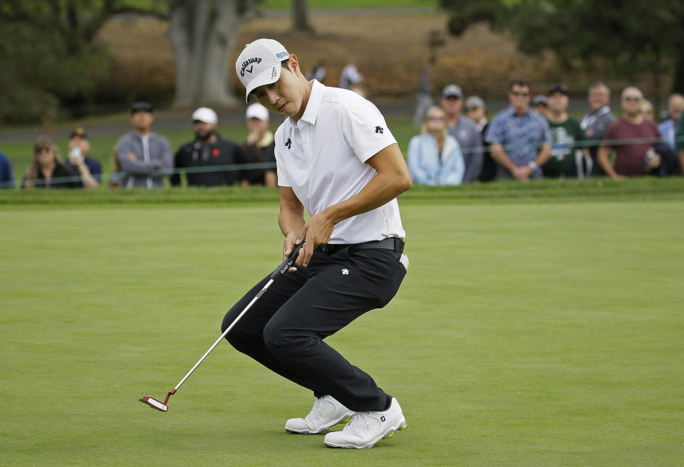 Sangmoon Bae, of South Korea, reacts after missing a birdie putt on the third green of the Silverado Resort North Course during the first round of the Safeway Open PGA golf tournament Thursday, Oct. 4, 2018, in Napa, Calif. (AP Photo/Eric Risberg)