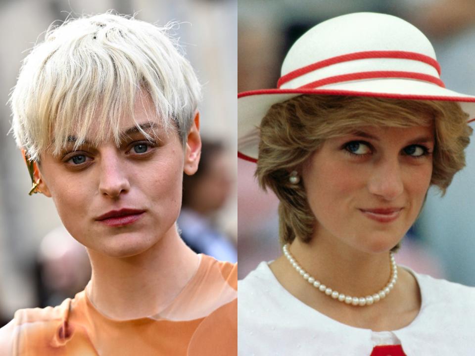 Emma Corrin (left) on April 10, 2022 in London, England, and Princess Diana (left) in 1983.
