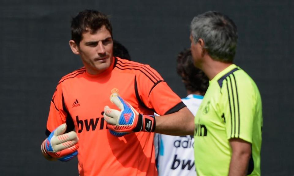 Iker Casillas with José Mourinho during a Real Madrid training session in August 2012.