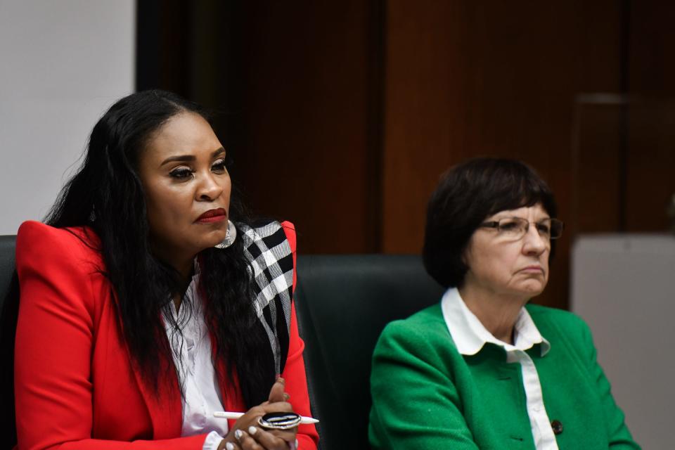 MSU Board of Trustees Chair Rena Vassar, left, and Trustee Dianne Byrum listen to public comment, Friday, Oct. 27, 2023, during the MSU Board of Trustees meeting at the Hannah Administration Building in East Lansing.