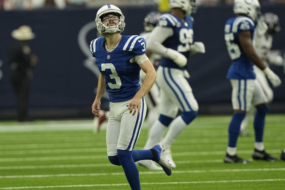 Indianapolis Colts place kicker Rodrigo Blankenship (3) leaves the field after kicking the ball out of bounds in overtime of an NFL football game Sunday, Sept. 11, 2022, in Houston. (AP Photo/David J. Phillip)