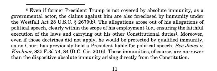 a passage of text from trump's lawyers explaining why he should get immunity in the swalwell lawsuit