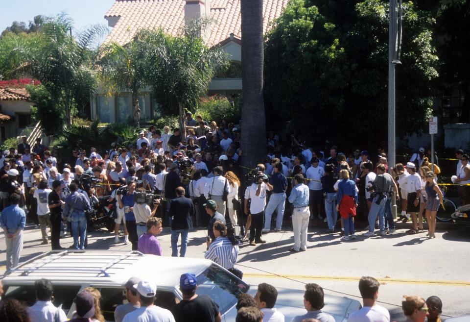 Media gather outside Nicole Brown Simpson's home on June 13, 1994, a day after the murders. 