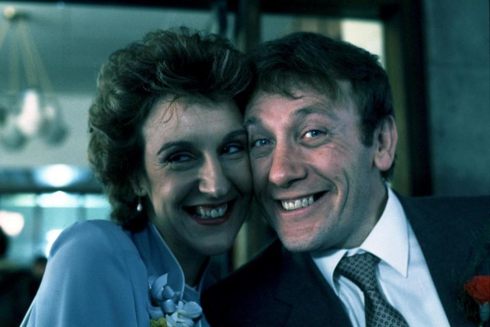 Wedding bells: Judy Gridley as Elaine Prior on her wedding day to Bill Webster on Coronation Street