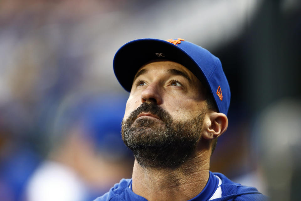 New York Mets manager Mickey Callaway looks on prior to a baseball game against the Miami Marlins on Friday, May 10, 2019, in New York. (AP Photo/Adam Hunger)