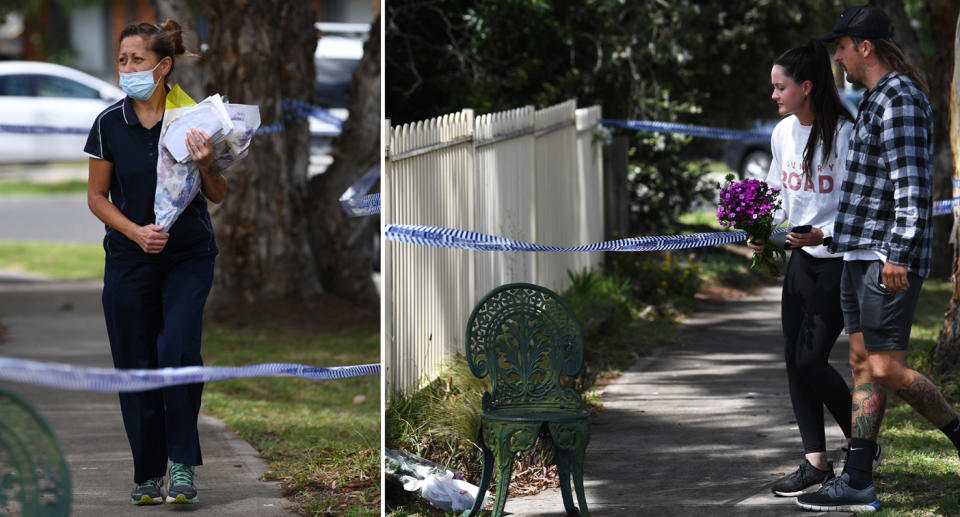 Mourners arrive to place flowers outside a property at a crime scene in Tullamarine, Melbourne