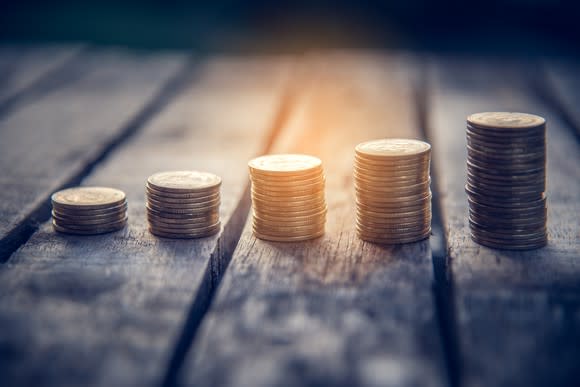 Quarters stacked in a row.