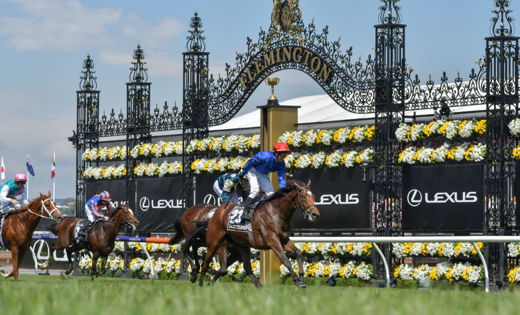 Cross Counter ridden by Kerrin McEvoy wins the 2018 Melbourne Cup at Flemington.