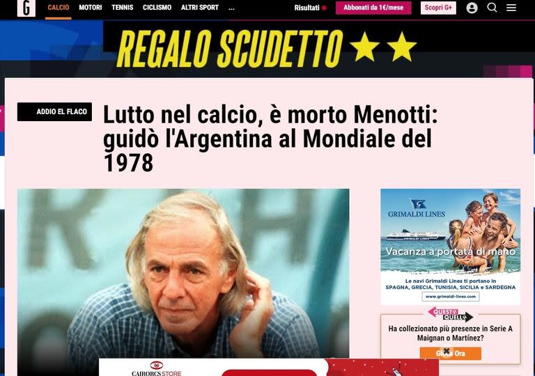 La crónica de la muerte de Menotti en La Gazetta dello Sport