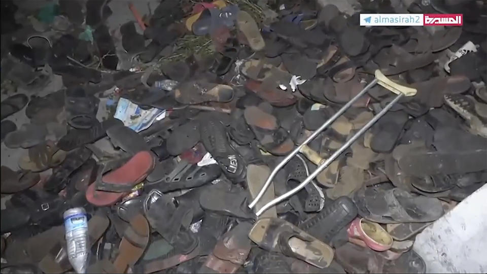 This image from a video, shows the aftermath of a deadly stampede in Sanaa, Yemen Wednesday, April 19, 2023. A crowd apparently spooked by gunfire and an electrical explosion stampeded at an event to distribute financial aid during the Muslim holy month of Ramadan in Yemen’s capital late Wednesday. (AL-MASIRAH TV CHANNEL via AP)
