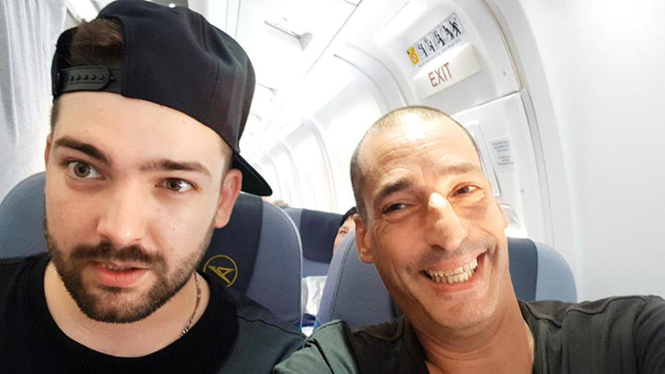 Niko and his father Alexandros on board of the Condor aeroplane. Photo: Australscope