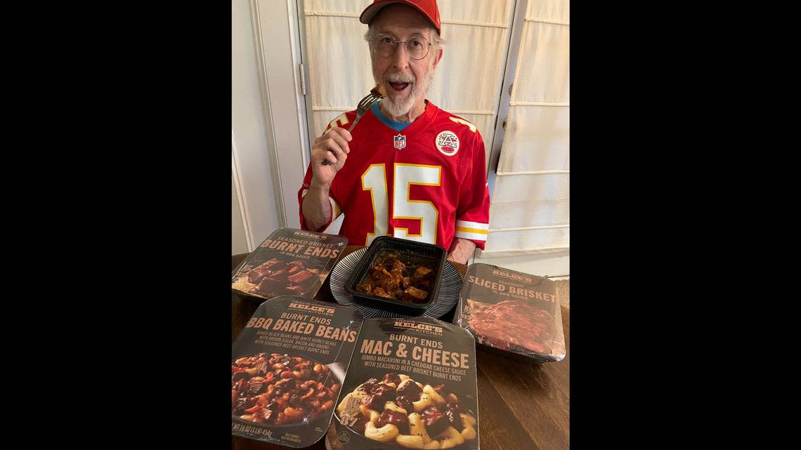 Michael Rieke wears a Chiefs hat and Patrick Mahomes jersey for every game. Since the post-season, he has offered the Chiefs a bit of extra luck by eating Travis Kelce’s burnt ends, BBQ beans and mac ‘n cheese on game days. Courtesy of Michael Rieke.