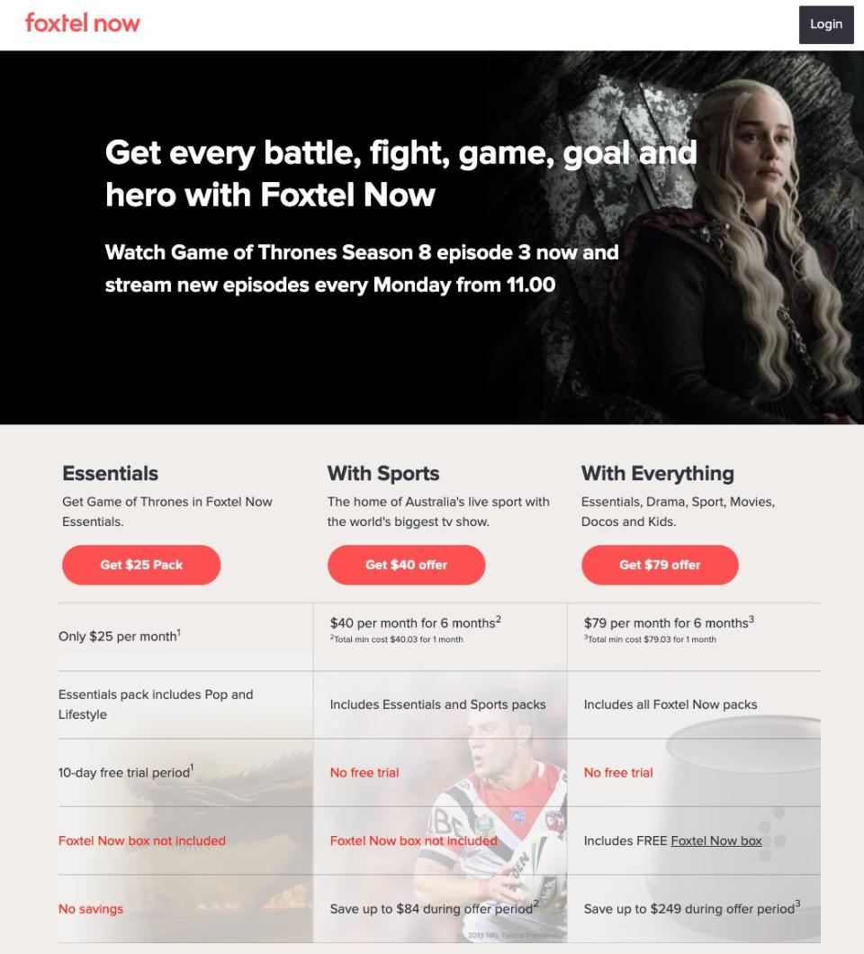 Watch Game of Thrones on Foxtel Now. (Source: Yahoo Finance Screenshot)