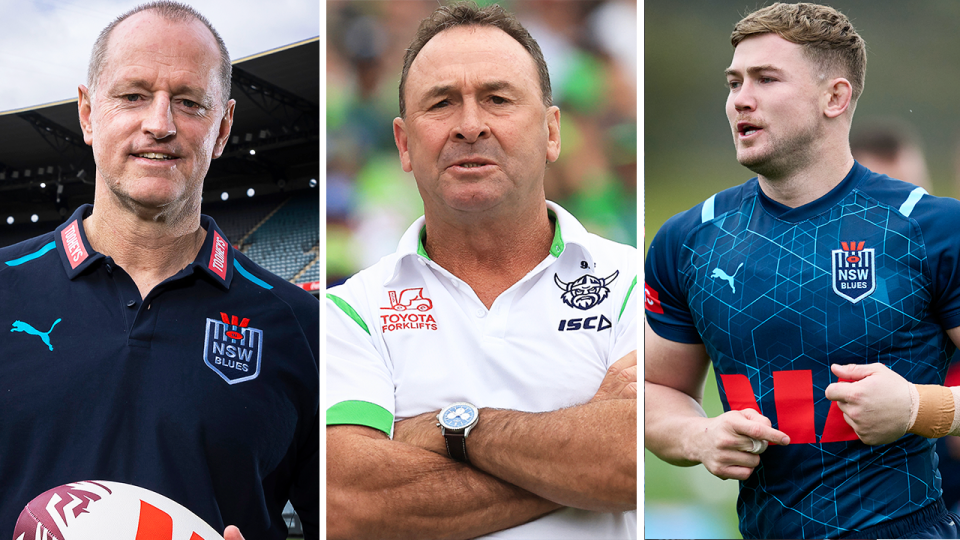 Canberra Raiders coach Ricky Stuart (pictured middle) has let rip at the Blues for dropping second-rower Hudson Young (pictured right) after limited minutes in Game 1. (Getty Images)