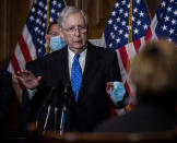 Senate Majority Leader Mitch McMcConnell of Ky., speaks to reporters on Capitol Hill in Washington, Tuesday, Dec. 1, 2020. (Bill O'Leary/Pool via AP)