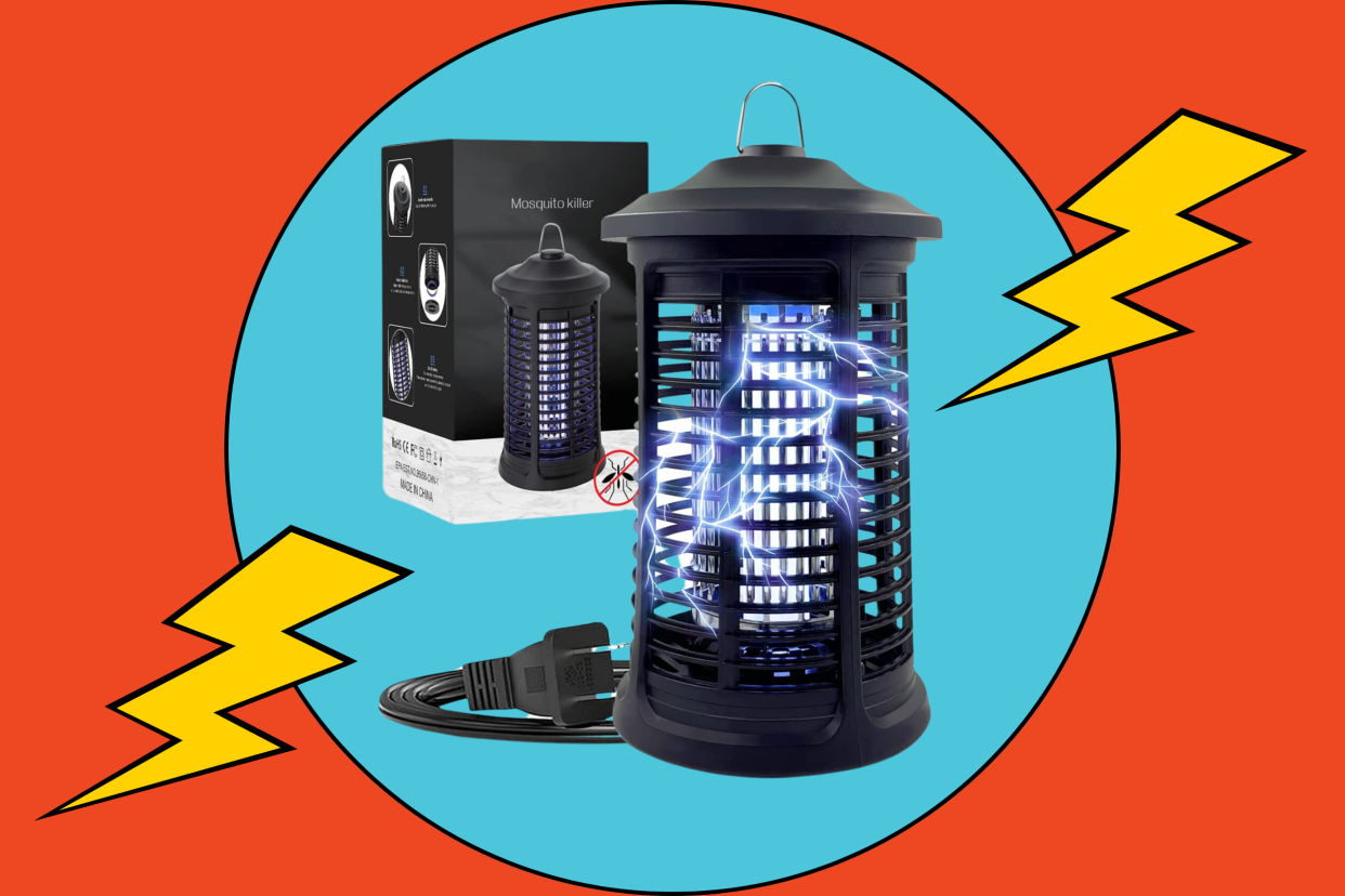 bug zapper on blue background, Zap bugs dead this summer with help from an electric bug zapper (Photo via Amazon), Electric Bug Zapper Indoor/Outdoor, 4200V High Powered Mosquito Zappers Killer, Waterproof Insect Fly Zapper Mosquito Trap Outdoor, Mosquito Lamp Bulb, Insect Killer for Home Garden Backyard, Camping