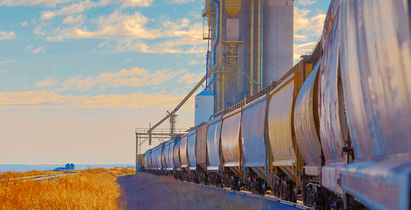 Train running alongside a field and a grain elevator..