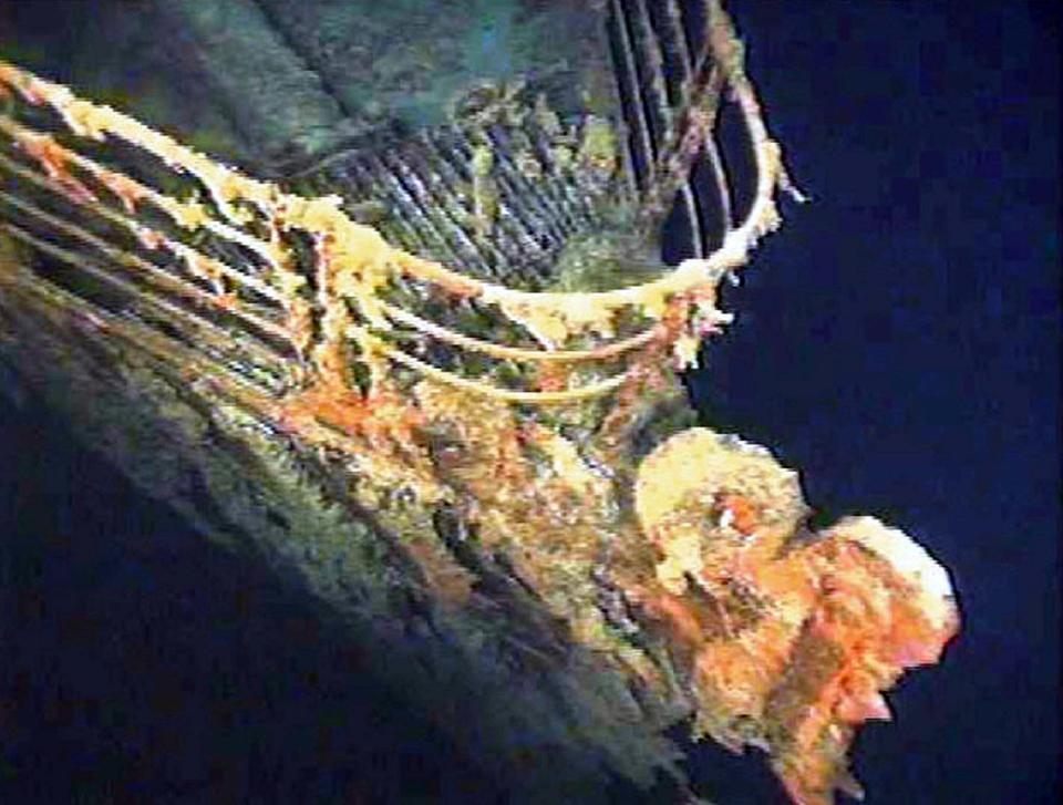 The port bow railing of the Titanic lies in 12,600 feet of water about 400 miles east of Nova Scotia as photographed earlier this month as part of a joint scientific and recovery expedition sponsored by the Discovery Channel and RMS Titantic. Scientists plan to illuminate and then raise the hull section of this legendary ocean liner later this month.