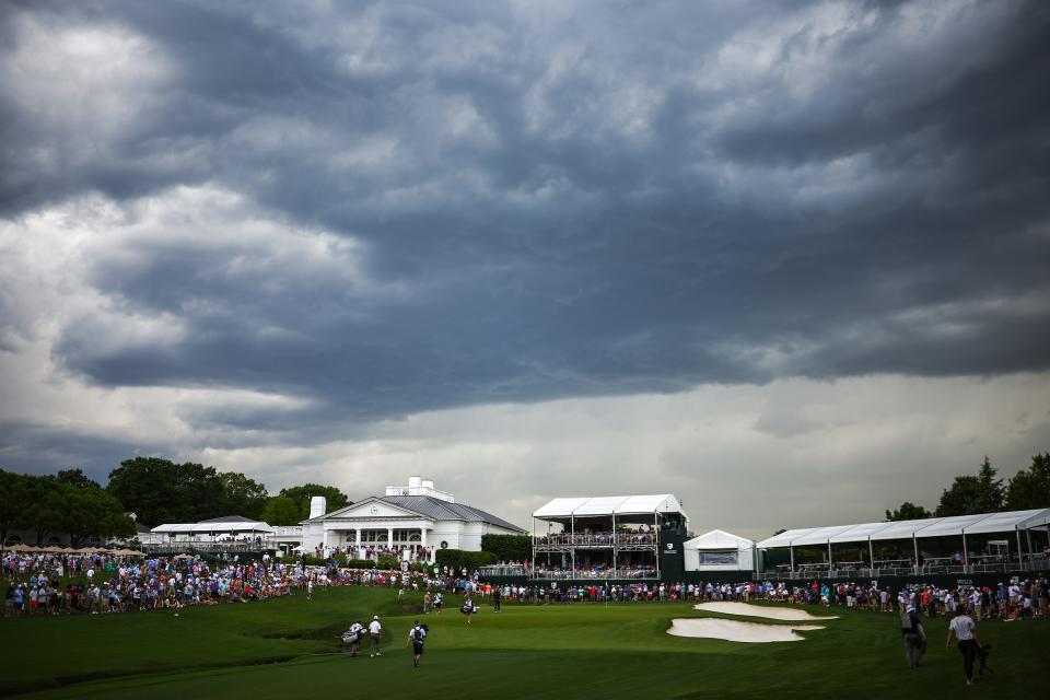 A view of the 18th hole green during the second round of the 2024 Wells Fargo Championship at Quail Hollow Club in Charlotte. (Jared C. Tilton/Getty Images)