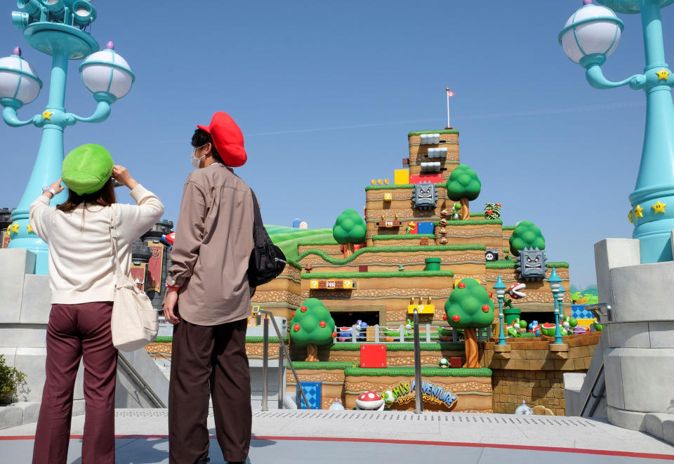 General view shows Yoshi's Adventure attraction inside Super Nintendo World, a new attraction area featuring the popular video game character Mario which is set to open to public on March 18, during a press preview at the Universal Studios Japan theme park in Osaka, western Japan, March 17, 2021. Picture taken March 17, 2021.  REUTERS/Irene Wang