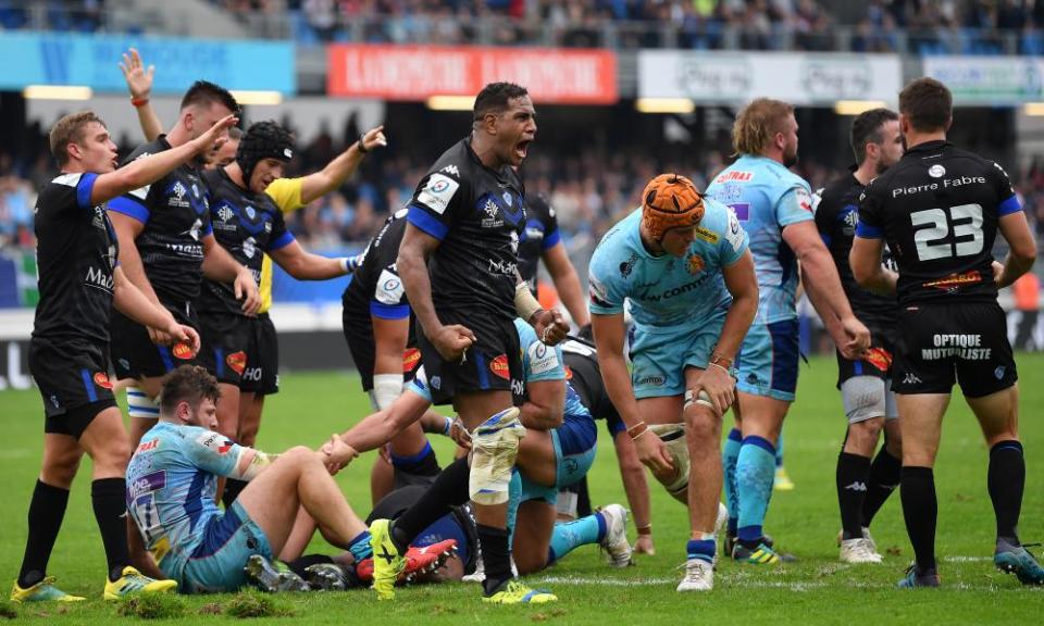 Castres’ flanker Mathieu Babillot celebrates winning a penalty at the death to secure victory over Exeter.