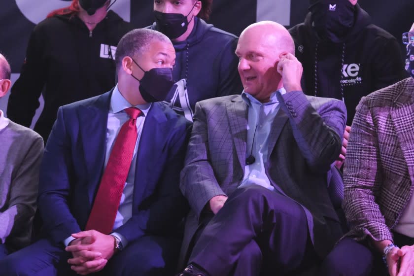 Los Angeles Clippers chairman Steve Ballmer, and head coach Tyronn Lue attend a groundbreaking ceremony of the Intuit Dome, Friday, Sept. 17, 2021, in Inglewood, Calif. The Clippers' long-awaited, $1.8 billion, the privately funded arena is officially named Intuit Dome. The practice facility, team offices for both business and basketball operations, retail space, and more will all be on the site when it opens in 2024. (AP Photo/Ringo H.W. Chiu)