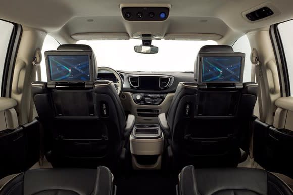 The interior view of a self-driving van, with overhead start button and screens showing route.