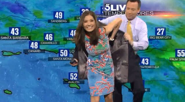 Embarrassing moment weather girl's nipple slips live on TV