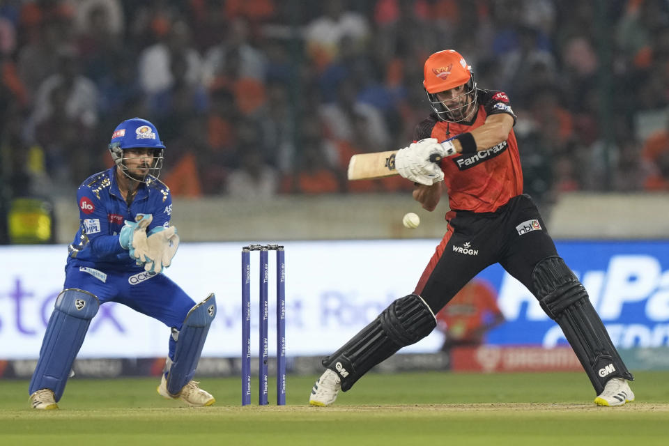Sunrisers Hyderabad's captain Aiden Markram plays a shot during the Indian Premier League cricket match between Sunrisers Hyderabad and Mumbai Indians in Hyderabad, India, Tuesday, April 18, 2023. (AP Photo/Mahesh Kumar A.)
