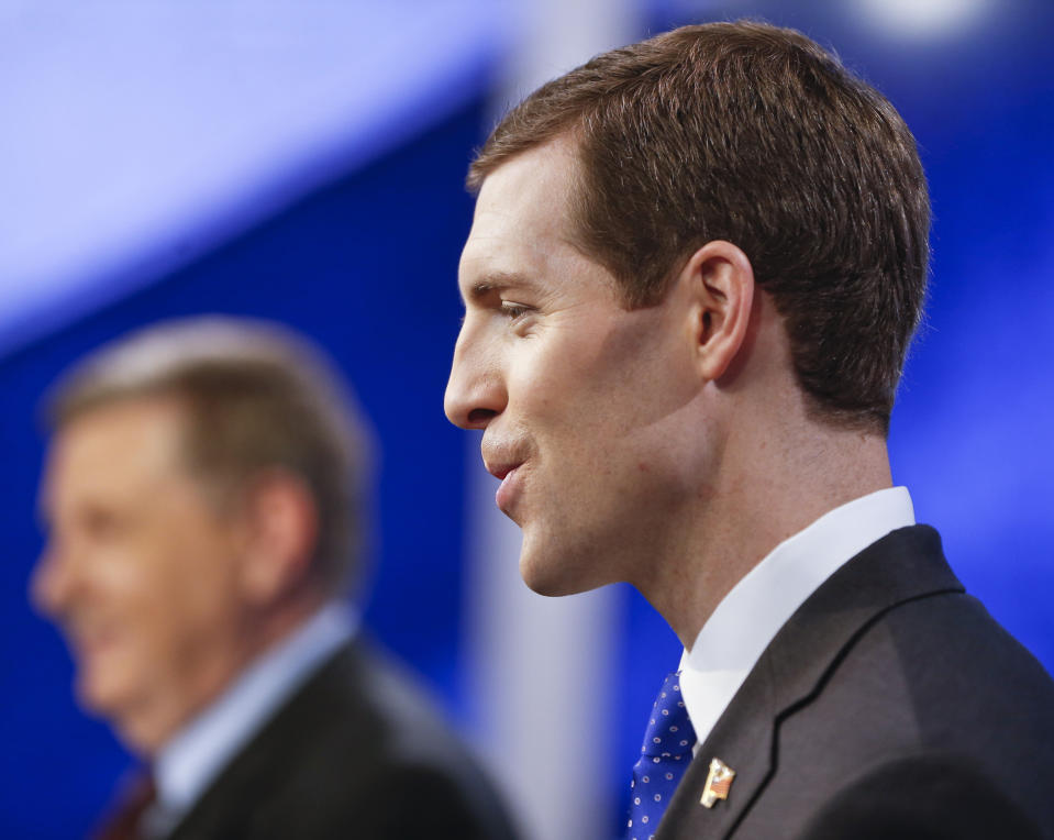 After Tuesday’s special election in Pennsylvania, stocks show the Democrats are poised to take control. Pictured: Democrat Connor Lamb, right, and Republican Rick Saccone speak before the taping of their first debate in the special election in the PA 18th Congressional District. (AP Photo/Keith Srakocic)